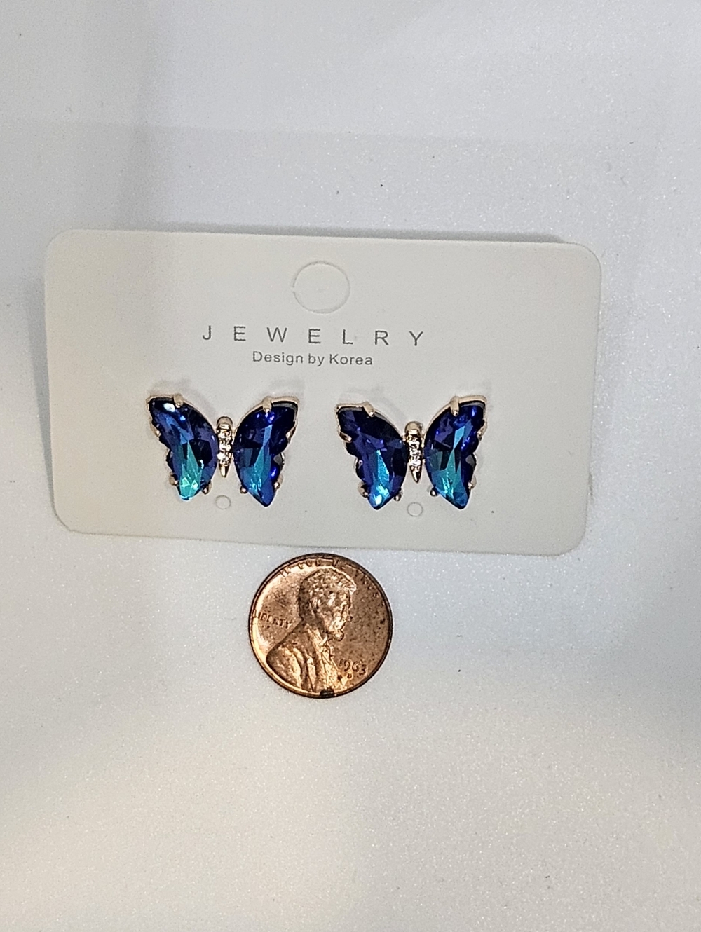 Blue Rhinestone Butterfly Earring Studs Gold Tone Setting - Picture 6 of 10